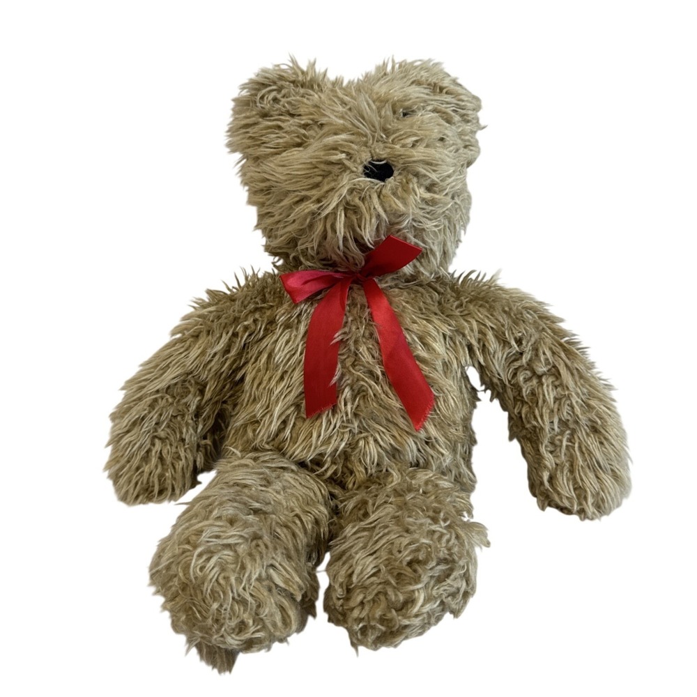 20" Pier 1 one Imports Christmas Bear Plush Stuffed Furry Brown Red Bow